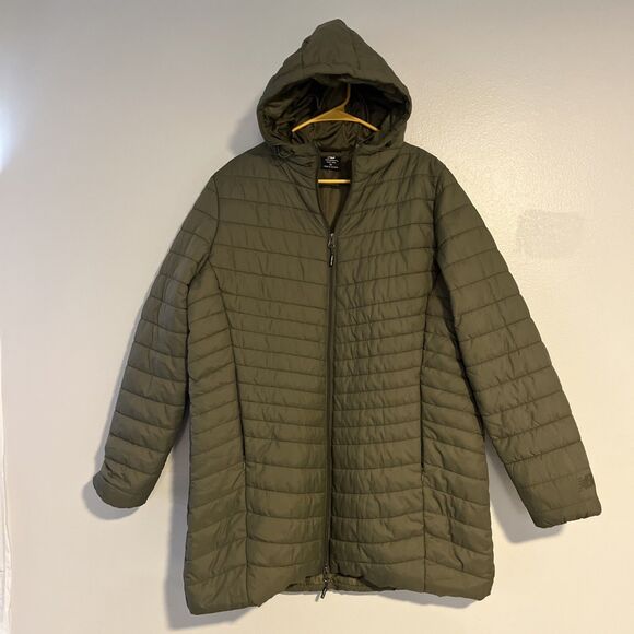NEW BALANCE Women's Quilted Long Puffer Parka Jacket Full Zipper Dark Green XL - Picture 1 of 13